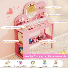 Toucador infantil com luzes e cadeira de princesa com 2 gavetas e Estante de 2 níveis, 3 ganchos e 2 prateleiras abertas Rosa