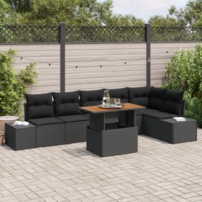 Conjunto de Sofá de Jardim de 7 Peças com Almofadas Preto Rattan Polím