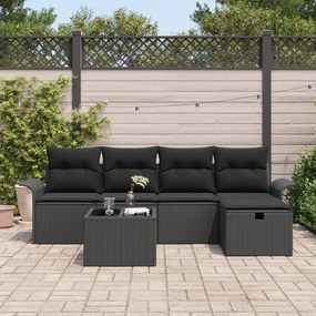 Conjunto de Sofá de Jardim de 6 Peças com Almofadas Preto Rattan Polié