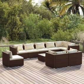 vidaXL 10 pcs conjunto lounge de jardim c/ almofadões vime PE castanho
