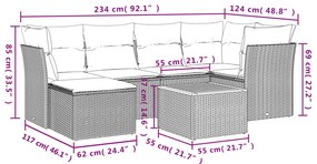 7 pcs conjunto de sofás p/ jardim c/ almofadões vime PE preto