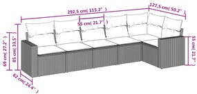 6 pcs conjunto sofás de jardim com almofadões vime cinzento