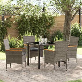 vidaXL Mesa de Jantar de Jardim com 5 Peças e Almofadas Cinza Rattan Poliéster