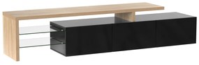 Móvel de TV Moderno de Design, Amplo Espaço de Armazenamento, Iluminação LED,197cmx39cmx42cm, Natural+Preto