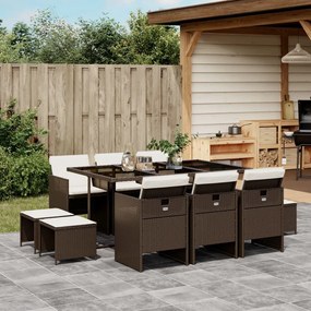 11 pcs conjunto jantar p/ jardim c/ almofadões vime PE castanho