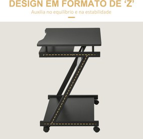 Secretária para Computador com Rodas 60x48 cm com Prateleira Deslizante para Teclado e Prateleira Inferior Estrutura Metálica Preto
