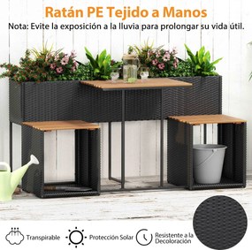 Conjunto de moveis jardim 150 x 70 x 73 cm com floreira de jardim elevada, mesa de rattan PE, cadeiras integradas e arrumação para pátio ou alpendre,