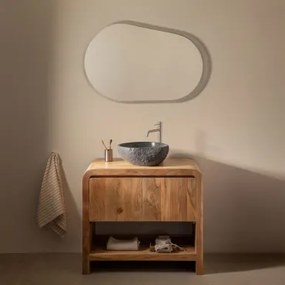 Conjunto De Móvel De Casa De Banho Em Madeira Vacry Castanho Acácia & Irregular Em Cimento Preto ??40 Cm Fedro & Oval Led E - Sklum