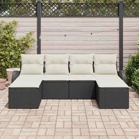 Conjunto de sofá de jardim 6 peças com almofadas pretas, rattan e poli