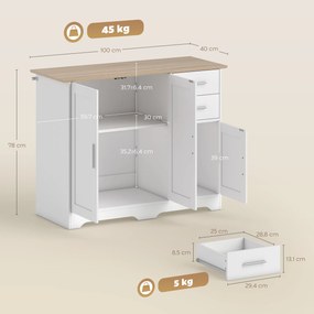 Aparador de sala, móvel de arrumação com 2 gavetas, 3 portas e prateleira ajustável, 100 x 40 x 78 cm, branco e madeira natural