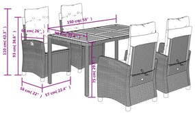 5 pcs conjunto de jantar p/ jardim c/ almofadões vime PE preto