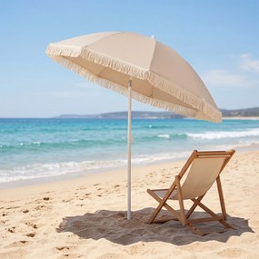 Guarda-sol de praia com franjas, 200 cm, 12 varas, ângulo de inclinação ajustável, proteção solar, estilo boémio, para jardim, pátio ou piscina, bege