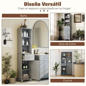 Armário de casa de banho c40 x 30 x 172 cm,  estreito de chão com 3 prateleiras abertas, 1 gaveta, 1 porta e prateleira ajustável; móvel cinzento