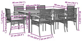 9 pcs conjunto de jantar p/ jardim c/ almofadões vime PE preto