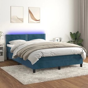 Cama box spring c/ colchão/LED 140x190 cm veludo azul-escuro