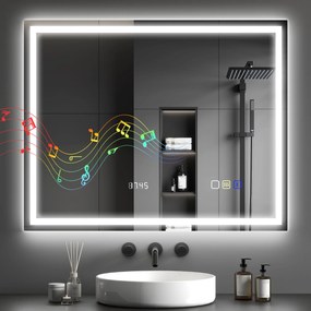 Espelho de casa de banho com LED e Bluetooth, 80 x 100 cm, interruptor tátil, iluminação regulável, 3 cores, antiembaciamento, memória, prateado