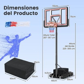 Cesto de basquetebol portátil ajustável 225-305 CM para exterior com tabela para crianças e adultos