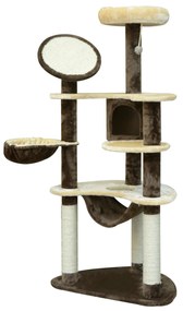 PawHut Árvore Arranhador para Gatos Grande Altura 153cm Torre de Escalada para Gatos com Caverna Redes Plataformas Postes Arranhadores de Sisal e Bola Suspensa Marrom e Bege