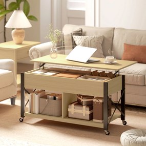 Mesa de Centro Elevatória com Rodas Compartimento Oculto e Prateleiras Abertas 105x50x67 cm Madeira e preto