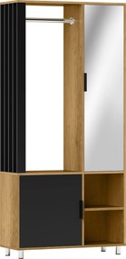 HOMCOM Guarda-roupa com espelho e barra, compartimentos de armazenamento, prateleiras abertas, madeira natural, preto | Aosom Portugal