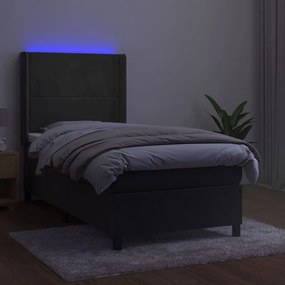 Cama box spring c/ colchão/LED 90x190 cm veludo cinzento-escuro