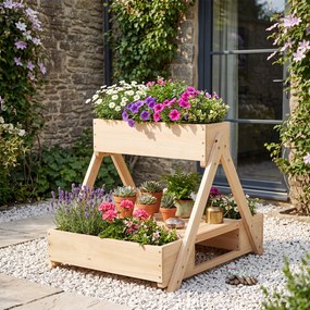 Floreira vertical em madeira de abeto 66 x 58 x 60 cm com 3 vasos e estante de arrumação aberta, com orifícios de drenagem, para jardim ou pátio, natu