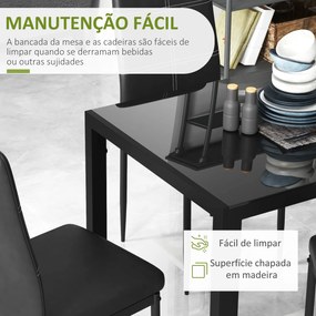 Conjunto de Refeição com Mesa Retangular de Vidro Temperado e 4 Cadeiras Estofadas em PU com Pés de Metal Preto