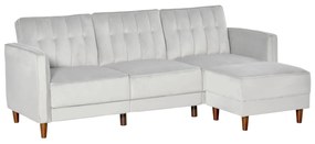 HOMCOM Sofá Cama com Chaise Longue de 3 Lugares Tato Aveludado com Encosto Ajustável e Apoio para os Pés Móvel 218x85x86cm Cinza Claro
