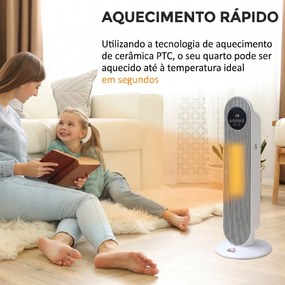 Aquecedor Elétrico Cerâmico PTC 1300/2000 W com Controlo Remoto, Oscilação 45°, Temporizador 12 h, Branco