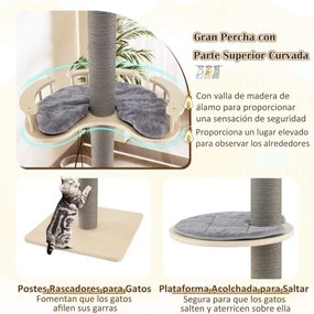 Arranhador para gatos do chão ao teto com altura ajustável de 236-271 cm com plataformas, almofadas, rede e poste para arranhar cinza.