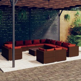 vidaXL 14 pcs conjunto lounge jardim c/ almofadões vime PE castanho