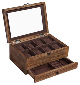 Caixa de relógio SONGMICS com 8 compartimentos, estojo de madeira de 2 níveis com tampa grande de vidro, almofadas para relógio, forro de veludo, caixa de joias, presente para entes queridos, nogueira rústica JOW008K01
