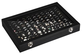 Caixa de joias SONGMICS com tampa de vidro, para anéis, brincos, abotoaduras, caixa para armazenamento de anéis, comporta até 100 anéis, vitrine, preta JDS301