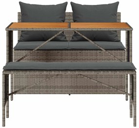 3 pcs conjunto de jantar p/ jardim c/ almofadões vime PE cinza