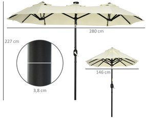 Outsunny Chapéu de Sol Duplo com Luzes LED 280x146x227cm Chapéu de Sol de Jardim com Inclinação de 45° Manivela Estrutura de Aço para Pátio Varanda Piscina Bege