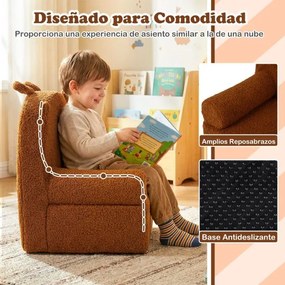 Sofá infantil em pelo macia com encosto largo e braços, capa removível e lavável, enchimento em espuma, para o quarto do bebé ou sala de estar Castanh
