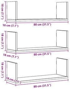 Prateleiras de parede 3 pcs 80x18x18cm derivados madeira branco