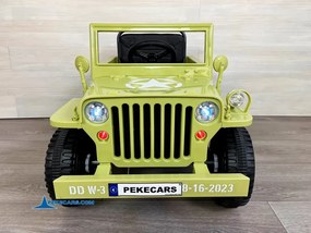 Jipe Willys 12V 1 Lugar 4x4 elétrico para crianças Todo terreno, rodas de borracha, assento Couro sintético cáqui militar