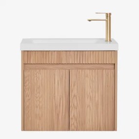 Conjunto De Móvel De Casa De Banho Suspenso Em Madeira Com Lavatório Integrado Narek Castanho Fresno & Sem Espelho & Dourado - Sklum