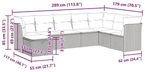 8 pcs conjunto sofás de jardim c/ almofadões vime PE cinzento