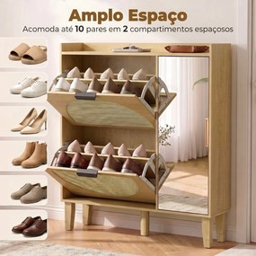 Sapateira Estreita Boho com Espelho 2 Portas em Rattan Armário 10 Pares Prateleiras Ajustáveis 94,5x24x96,5 cm Cor Carvalho
