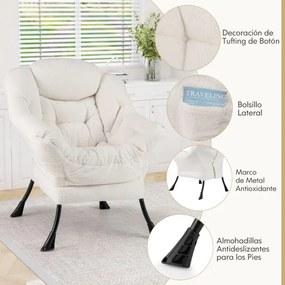 Poltrona grande estofada com almofada de cabeça acolchoada Apoios de braços e bolsa Poltrona Sofá para sala de estar Quarto Bege