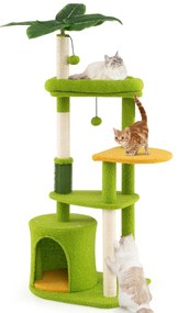 Arranhador para gatos com 122 cm de altura com vários níveis e folhas artificiais com Postes para arranhar de sisal  Verde e Laranja