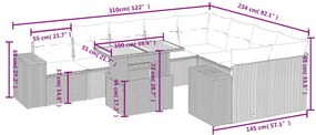 10 pcs conjunto de sofás p/ jardim com almofadões vime PE bege