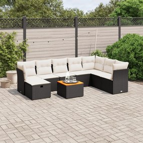 9 pcs conjunto de sofás p/ jardim c/ almofadões vime PE preto