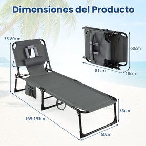 Espreguiçadeira dobrável para exterior, reclinável, com orifícios, apoio para o rosto, braços e encosto ajustável, bolsos, portátil, para praia e pisc