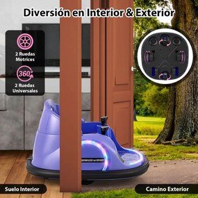 Carrinho choques elétrico para crianças 6v com controlo remoto, luz LED, buzina e música, rotação de 360° com cinto de segurança roxo
