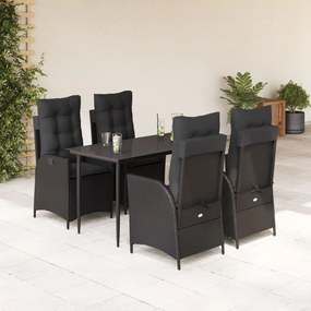 5 pcs conjunto de jantar p/ jardim c/ almofadões vime PE preto