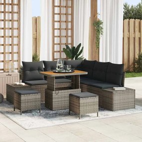 Conjunto de Sofás de Jardim de 8 Peças com Almofadas Cinza Rattan Poliéster Acácia