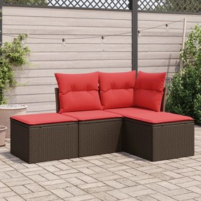 vidaXL 4 pcs conjunto sofás de jardim c/ almofadões vime PE castanho